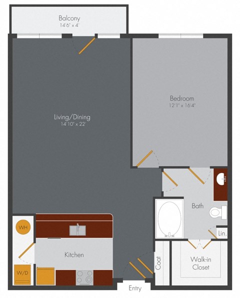 Floor plan for 1 bed, 1 bath, 892 sqft